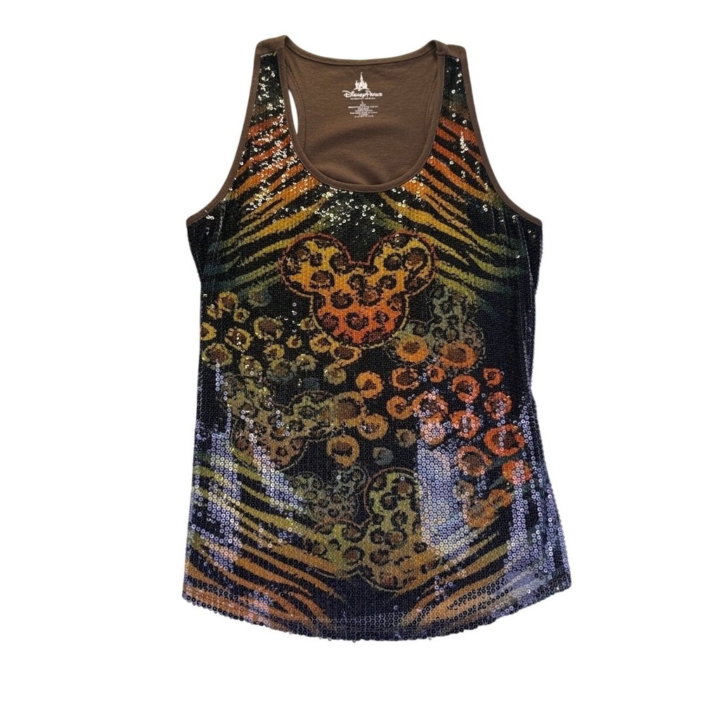 Disney Parks Women's Brown Sequin Animal Print Mickey Mouse Racerback Tank Top L